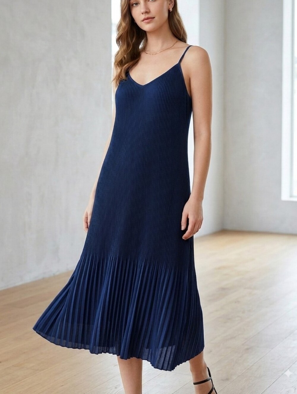 NEW Abercrombie Navy Pleated Slip Midi Spaghetti Dress Fully Lined Sz XL